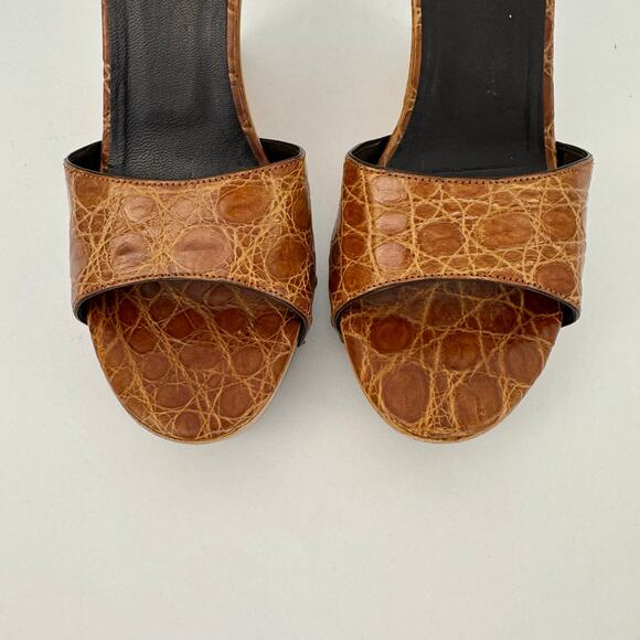 Prada Wedge Platform Clogs Heels Cognac Croc Leather Open-Toe Brown 38 (US 8) - Picture 3 of 13